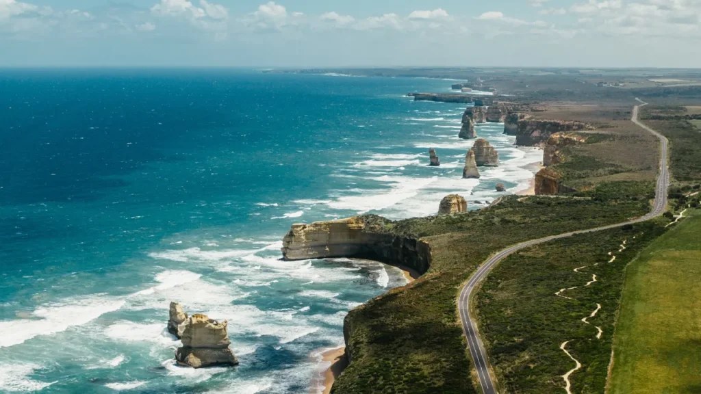 an ariel view of the great ocean road